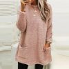 Women'S Pocket Crew Neck Casual Warm Long Sleeve Sweater