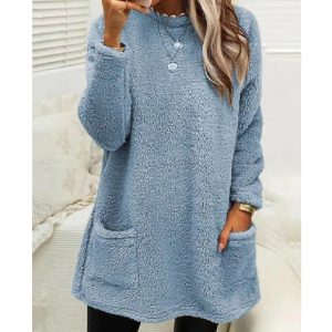 Women'S Pocket Crew Neck Casual Warm Long Sleeve Sweater