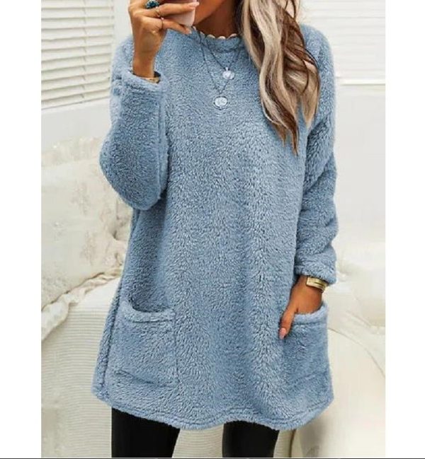 Women'S Pocket Crew Neck Casual Warm Long Sleeve Sweater