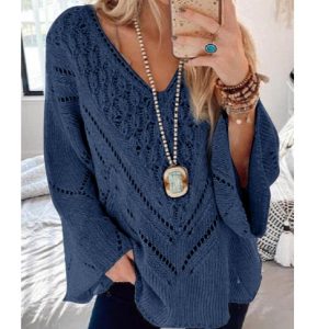 Women'S Solid Color Cutout V-Neck Flared Sleeve Knit Sweater