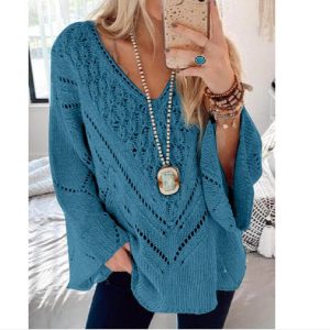 Women'S Solid Color Cutout V-Neck Flared Sleeve Knit Sweater