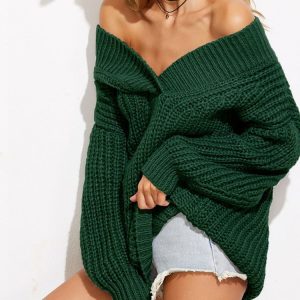 Women'S V-Neck Thickened Solid Color Knitted Sweater