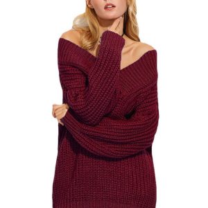 Women'S V-Neck Thickened Solid Color Knitted Sweater