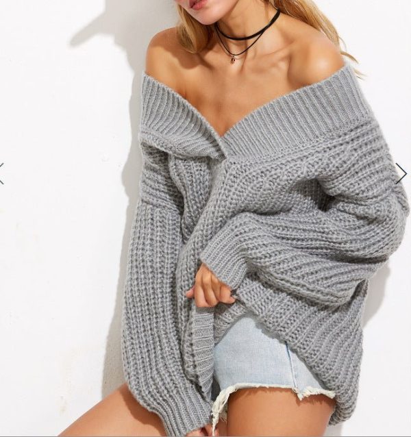 Women'S V-Neck Thickened Solid Color Knitted Sweater