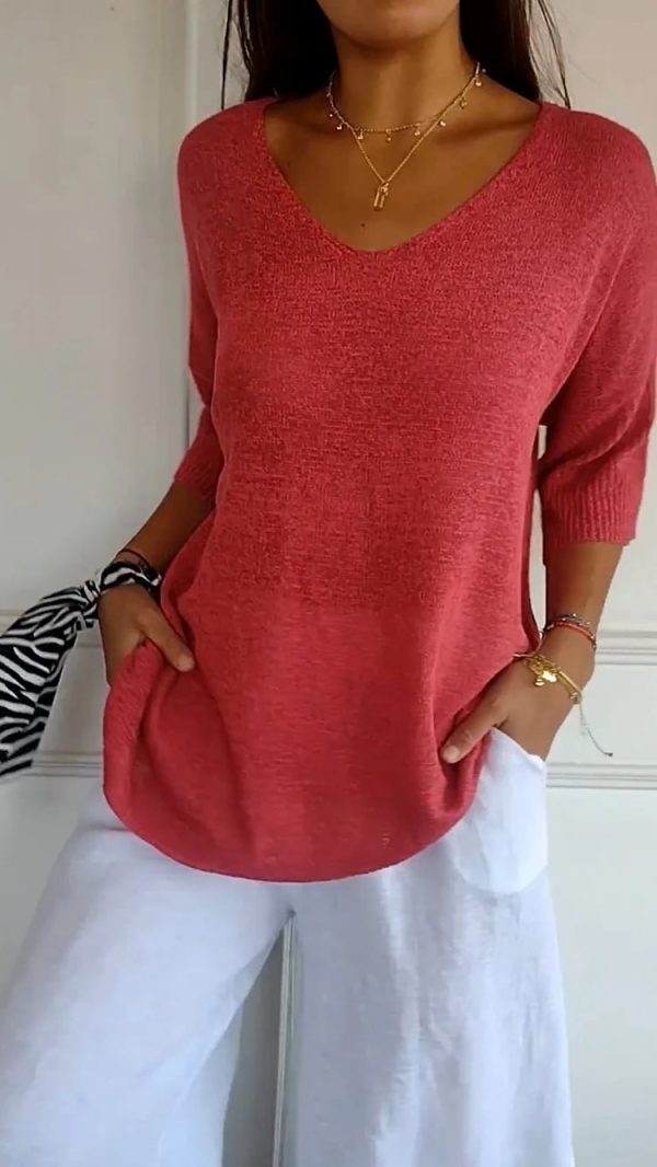 Solid Color Knitted VNeck Top