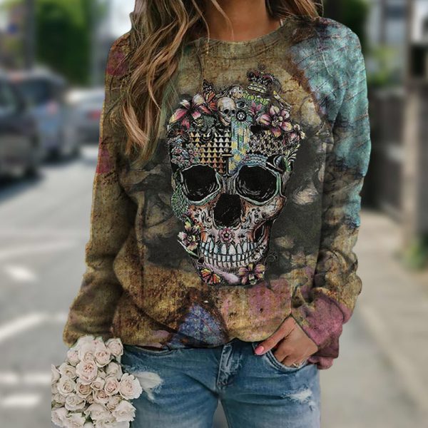 Long Sleeve Skull Print Sweatshirt