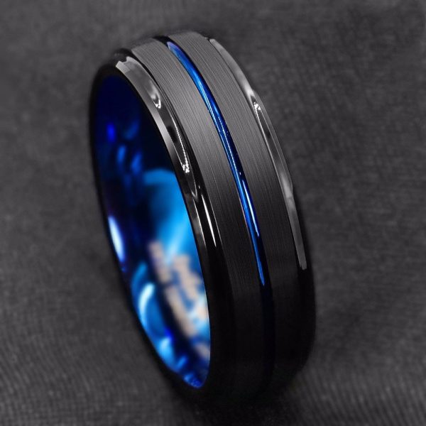 Stainless Steel Black Slotted Ring Inner Blue Men'S Ring