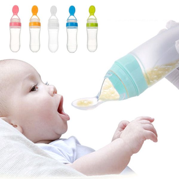 Safe Newborn Baby Feeding Bottle Silicone Squeeze Feeding Spoon Baby Training Feeder