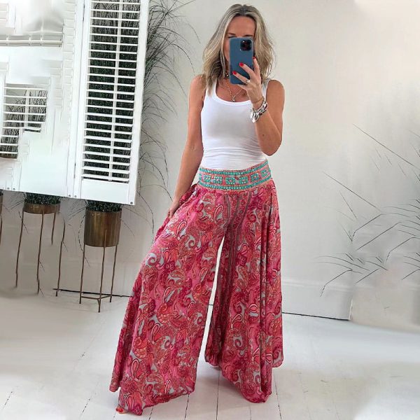 Ethnic Paisley Print Elastic PatchworkWaist Lightweight Pants