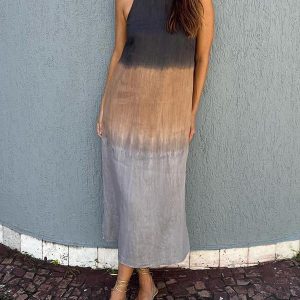 Casual Cotton And Linen Slit Gradient TieDye Long Dress