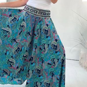 Ethnic Paisley Print Elastic PatchworkWaist Lightweight Pants