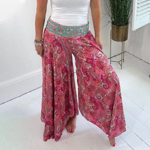 Ethnic Paisley Print Elastic PatchworkWaist Lightweight Pants