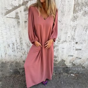 Loose VNeck Solid Color Women'S Lantern Sleeve Dress