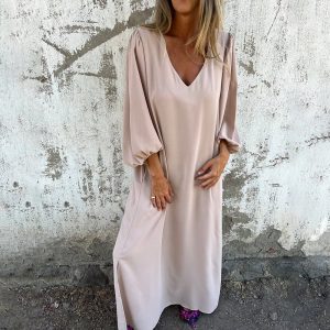 Loose VNeck Solid Color Women'S Lantern Sleeve Dress