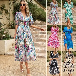 Elegant Waist VNeck Printed Dress