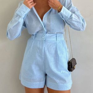 Women'S Casual Linen Blouse And Shorts Set