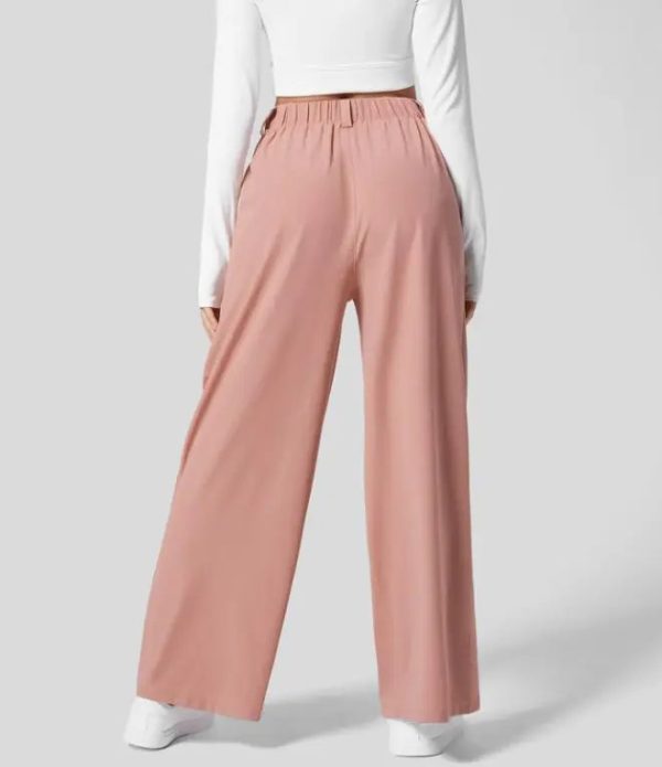 High Waisted Plicated Side Pocket Wide Leg Waffle Casual Pants