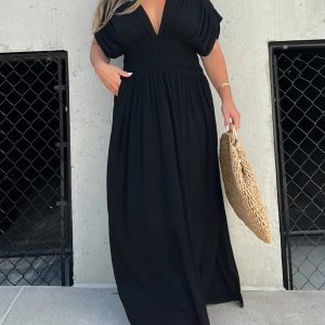 In Slit VNeck Effortless Maxi Long Dress