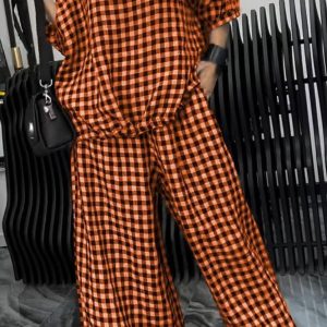 Women'S Comfortable Plaid Top And Pants TwoPiece Set