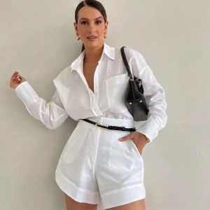 Women'S Casual Linen Blouse And Shorts Set