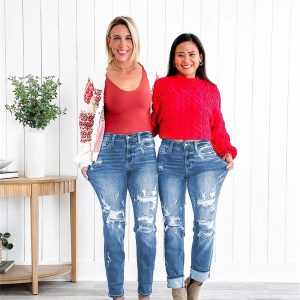 Tummy Control Distressed Cuffed Boyfriend Jeans 