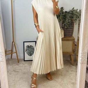 Women Pleated Simple Solid Colour Dress