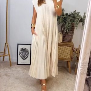 Women Pleated Simple Solid Colour Dress