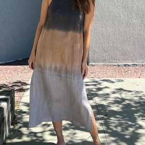 Casual Cotton And Linen Slit Gradient TieDye Long Dress