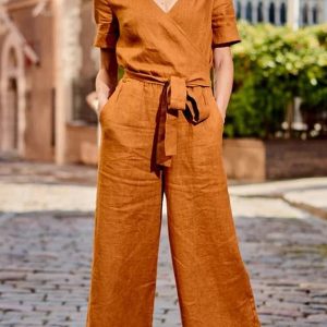 Short Sleeve Solid Color LaceUp V Neck Soft Romper Jumpsuit