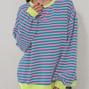 Women'S Oversized Striped Long Sleeve Pullover 