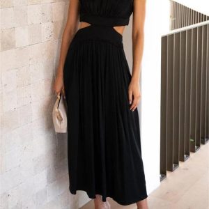 Cutout Waist Pocketed Vacation Midi Dress