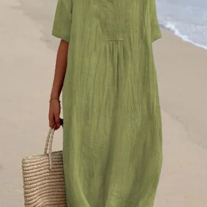 Loose Short Sleeved Solid VNeck Dress