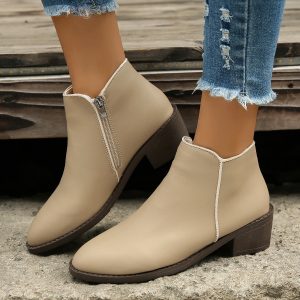 Mid Heel Waterproof Side Zipper Ankle Boots