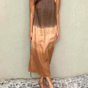 Casual Cotton And Linen Slit Gradient TieDye Long Dress