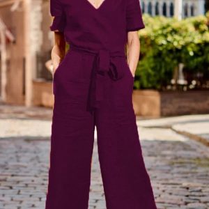 Short Sleeve Solid Color LaceUp V Neck Soft Romper Jumpsuit