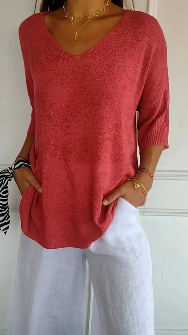 Solid Color Knitted VNeck Top