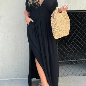 In Slit VNeck Effortless Maxi Long Dress