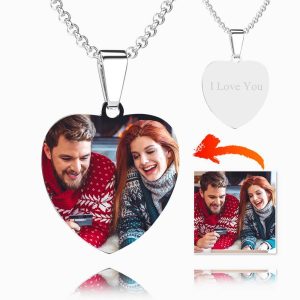 Stainless Steel Photo Heart Tag Necklace Engraved Pendant