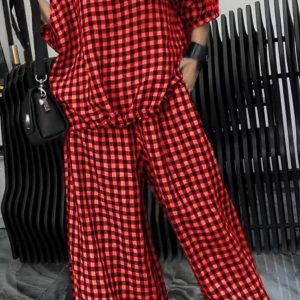 Women'S Comfortable Plaid Top And Pants TwoPiece Set