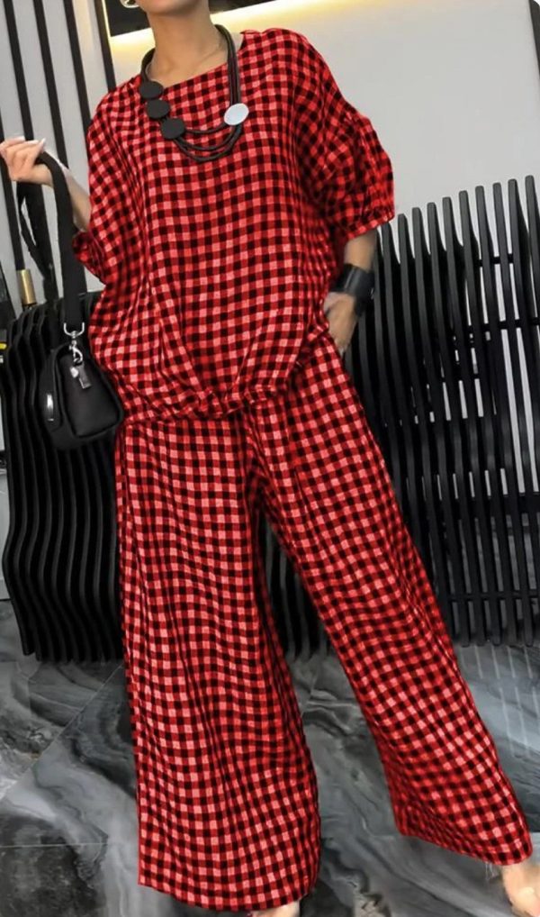 Women'S Comfortable Plaid Top And Pants TwoPiece Set