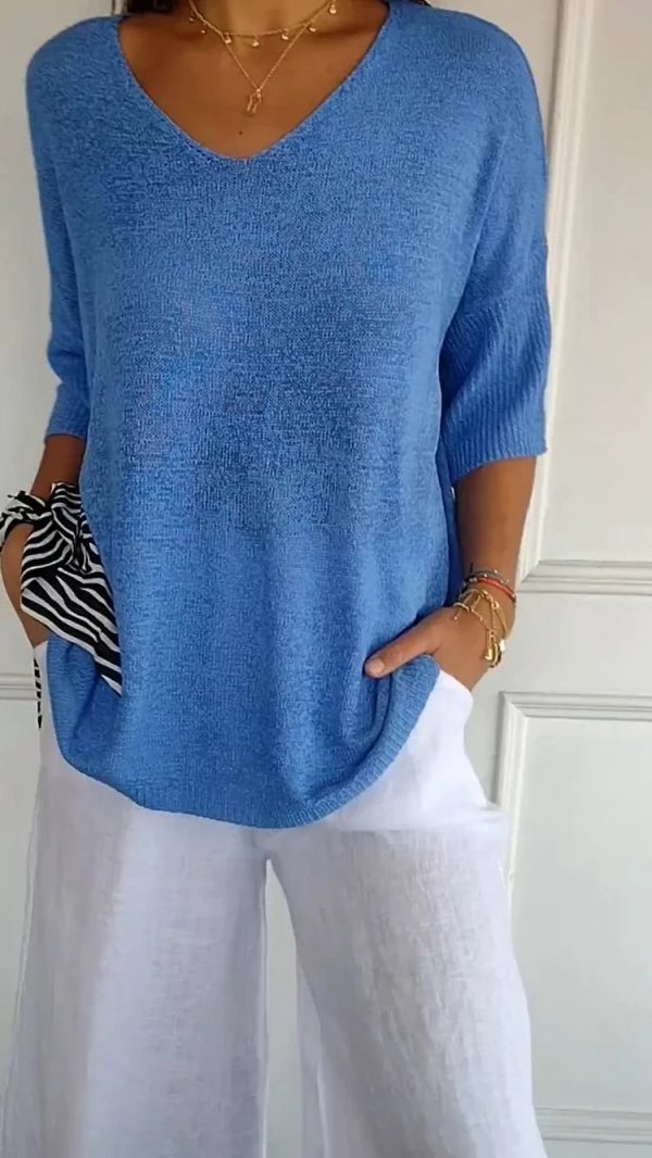 Solid Color Knitted VNeck Top