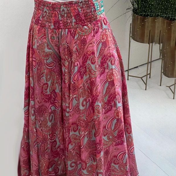 Ethnic Paisley Print Elastic PatchworkWaist Lightweight Pants