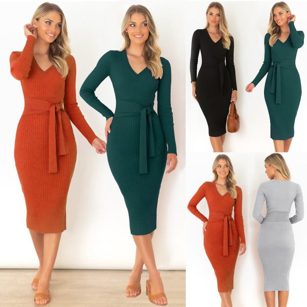 Style Long Sleeve V-Neck Slim Dress