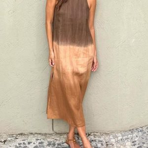 Casual Cotton And Linen Slit Gradient TieDye Long Dress