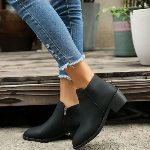 Mid Heel Waterproof Side Zipper Ankle Boots