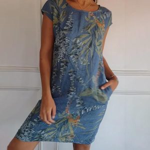 Women'S Cotton & Linen Round Neck Printed Dress