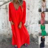 Loose VNeck Solid Color Women'S Lantern Sleeve Dress