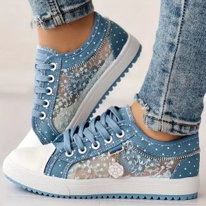 Women'S Breathable Mesh LaceUp Flats: Casual, Round Toe Low Tops