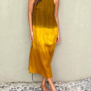 Casual Cotton And Linen Slit Gradient TieDye Long Dress