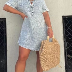 Short Sleeve Casual Denim Shirt DressTwo And !